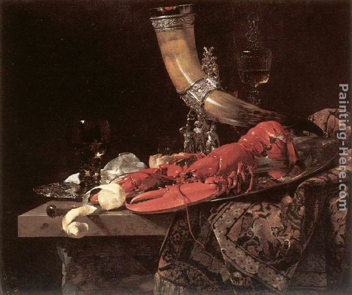 Still Life with Drinking-Horn, Lobster and Glasses painting - Willem Kalf Still Life with Drinking-Horn, Lobster and Glasses art painting